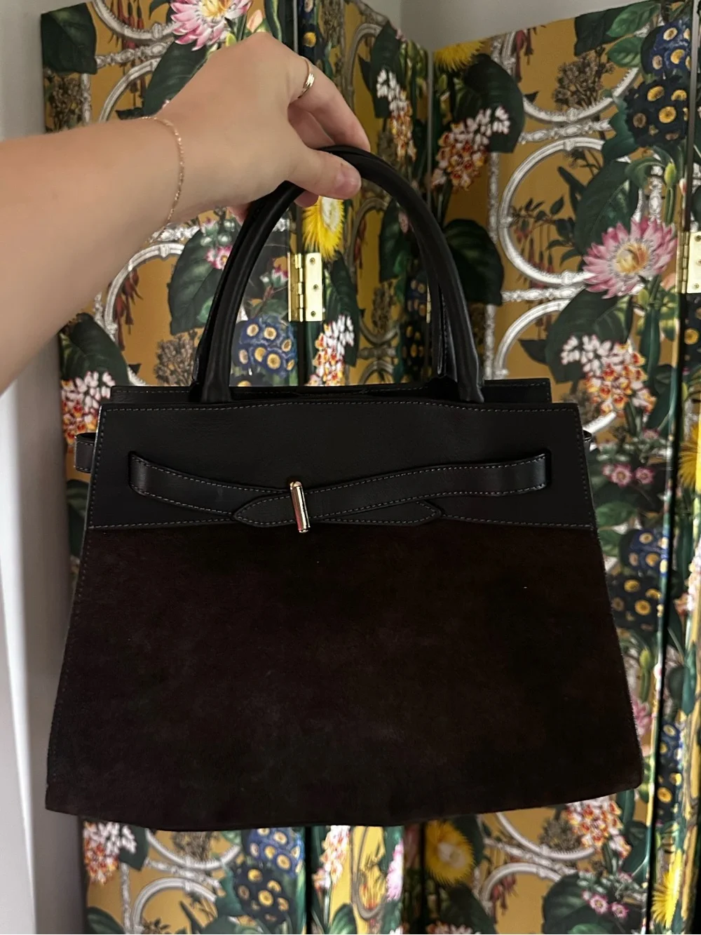 Classic Black & Dark Brown Suede Top-Handle Bag Italian Leather